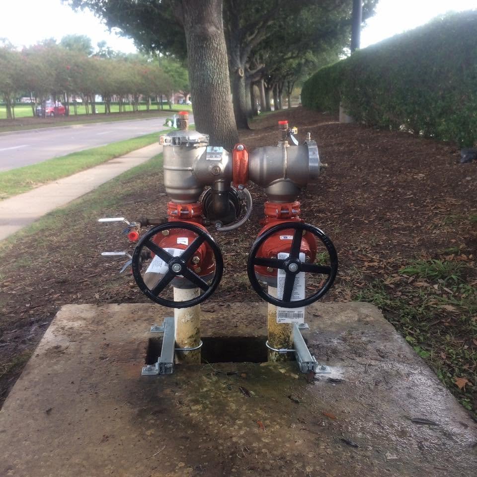Outdoor backflow preventer assembly installed on a lawn next to a paved walkway